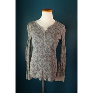 Fox Racing Women's Y2K V Neck Thermal Knit Long Sleeve Henley Top Gray Grunge XL